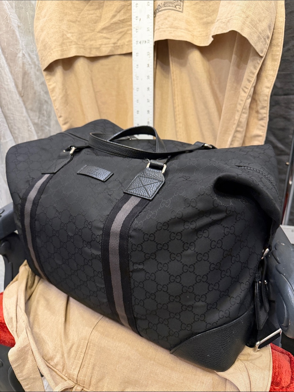 Gucci Black Monogram Duffel with Dark Gray Web Stripes